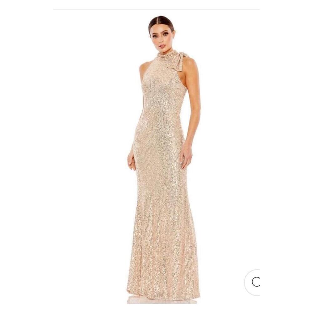 11280 Mac Duggal Gold Sequined Halter Neck Shoulder Bow Gown Dress NEW Size 6